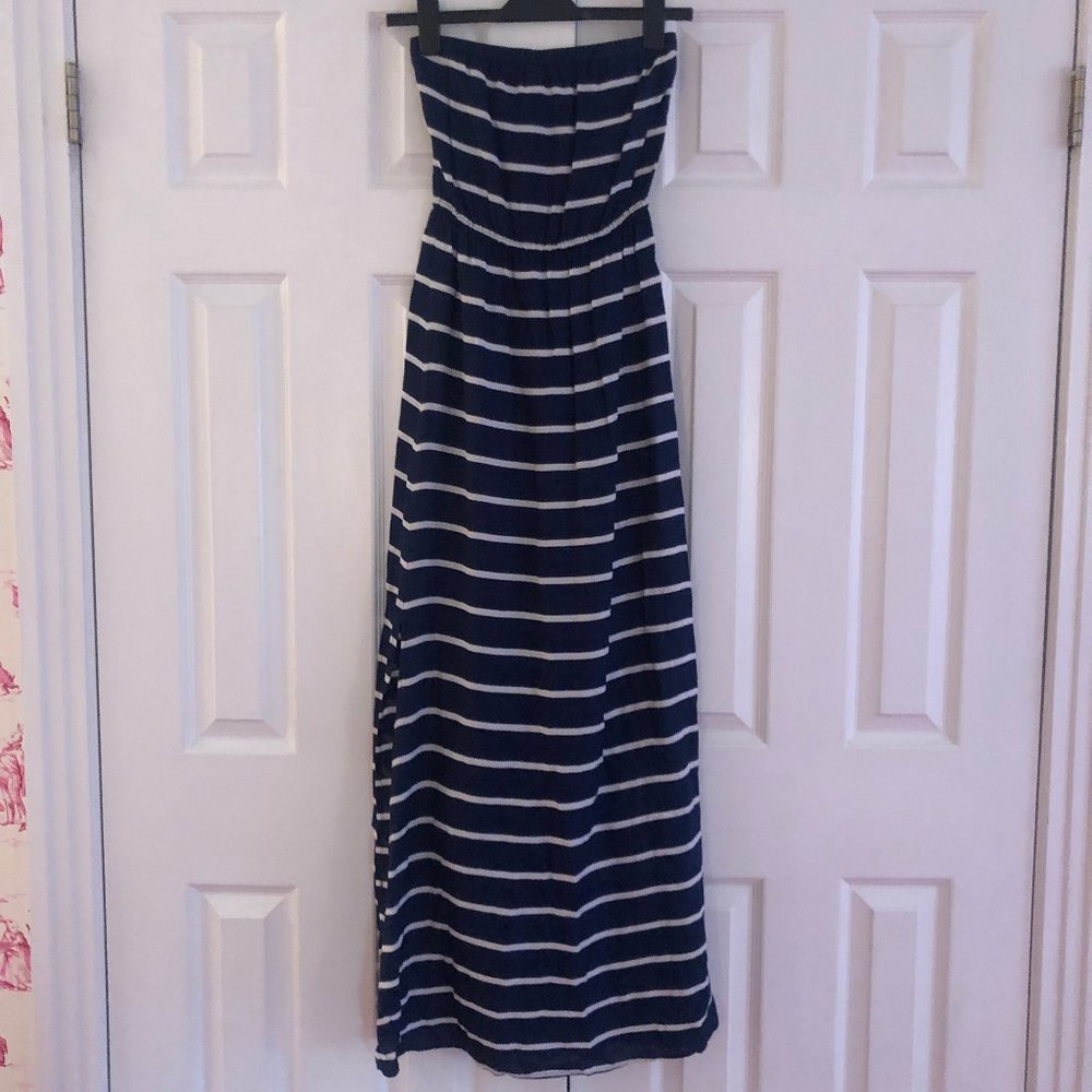 A&F White & Navy Striped Strapless Maxi Dress